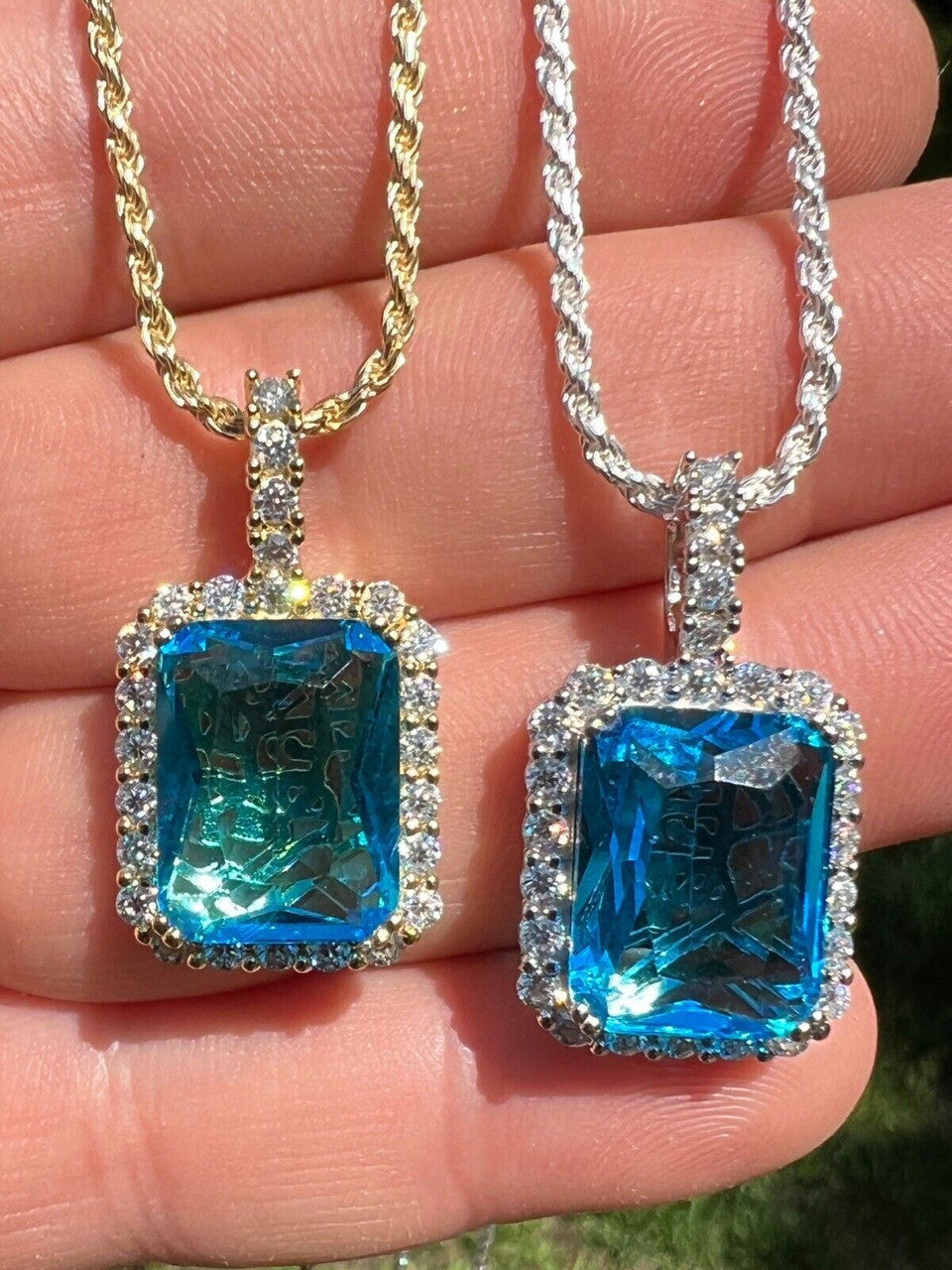 Hip Hop Iced Blue Stone Pendant Necklace 925 Sterling Silver / 14k Gold Plated