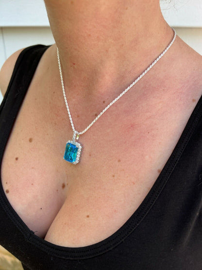 Hip Hop Iced Blue Stone Pendant Necklace 925 Sterling Silver / 14k Gold Plated