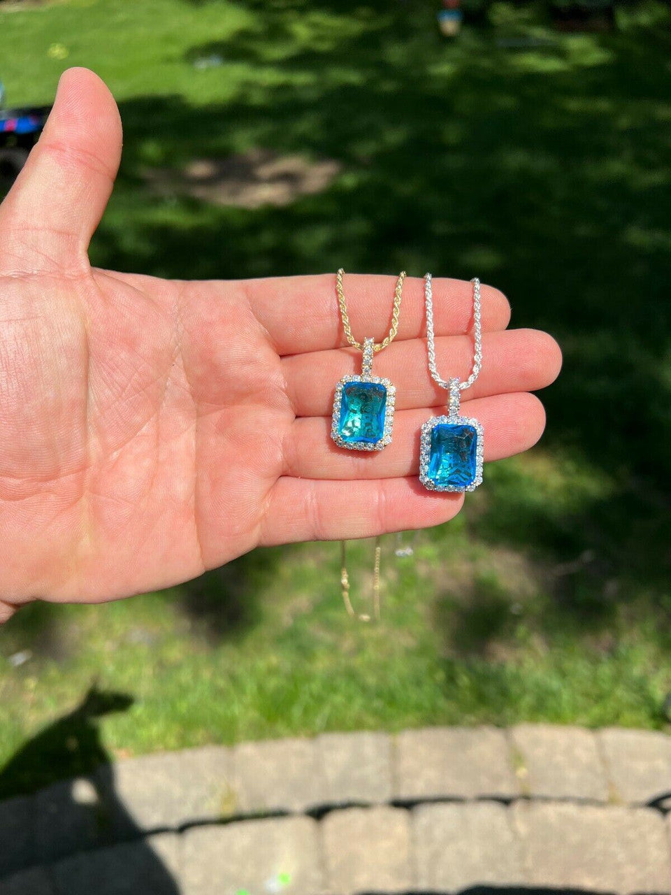 Hip Hop Iced Blue Stone Pendant Necklace 925 Sterling Silver / 14k Gold Plated