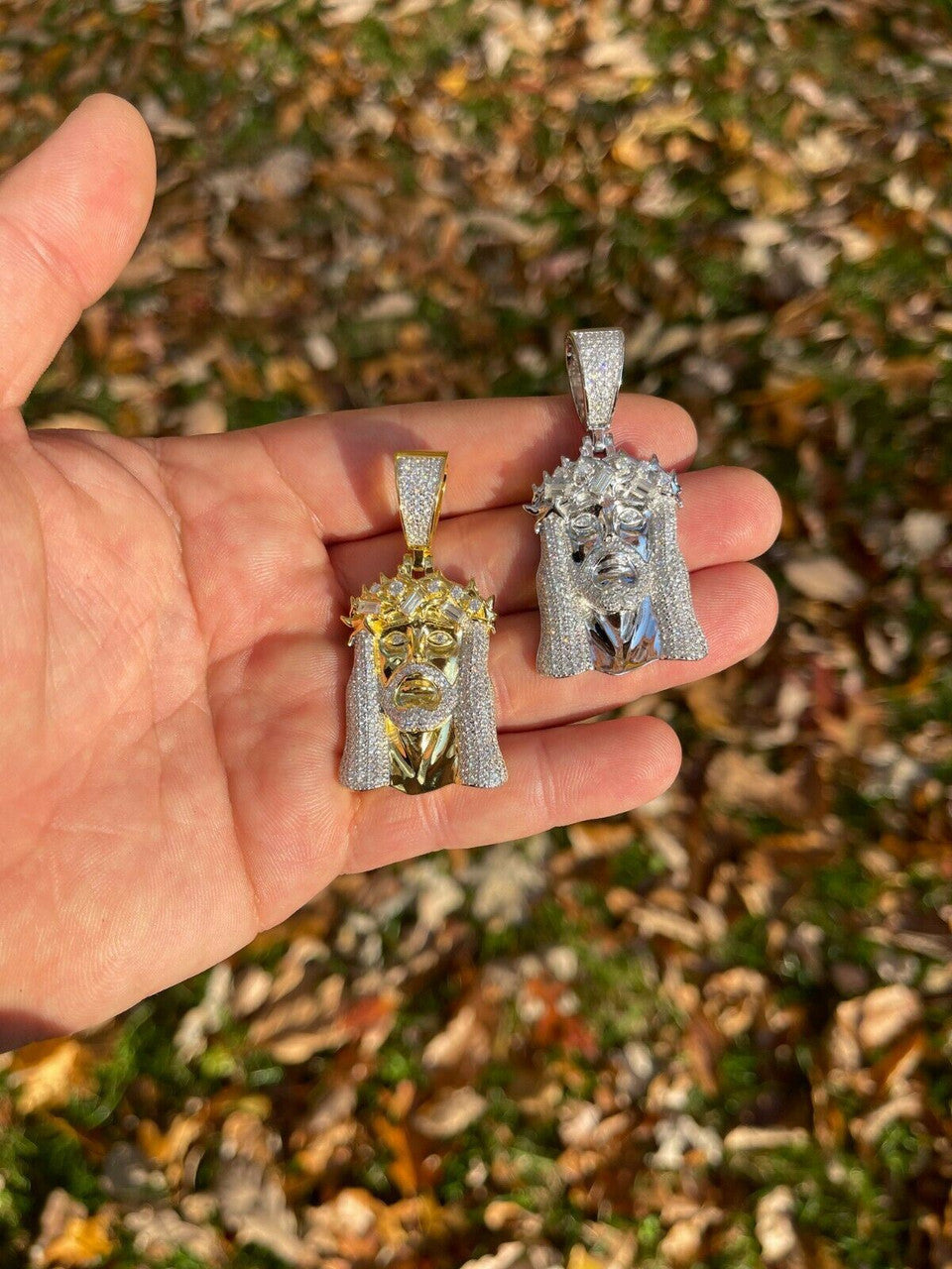 Hip Hop Iced Bust Down Real Solid Silver / Gold Baguette CZ Jesus Piece Pendant Necklace