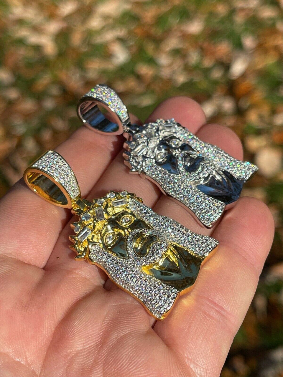 Hip Hop Iced Bust Down Real Solid Silver / Gold Baguette CZ Jesus Piece Pendant Necklace