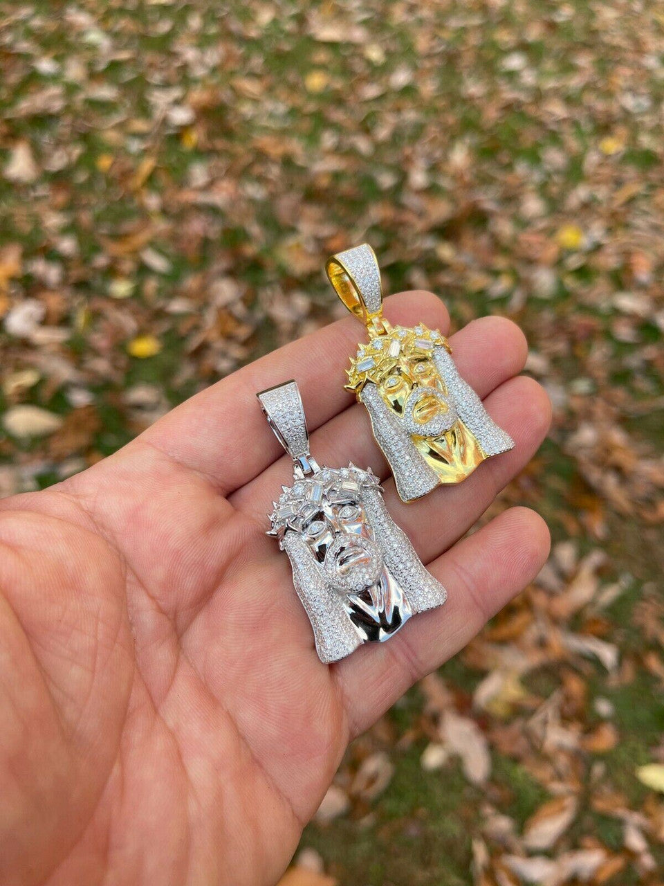 Hip Hop Iced Bust Down Real Solid Silver / Gold Baguette CZ Jesus Piece Pendant Necklace