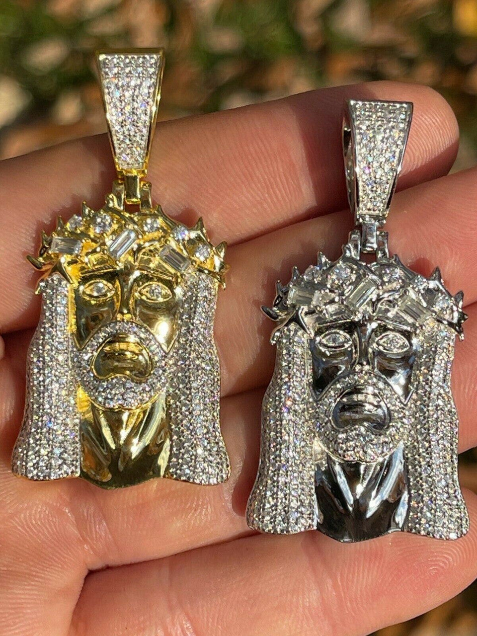 Hip Hop Iced Bust Down Real Solid Silver / Gold Baguette CZ Jesus Piece Pendant Necklace