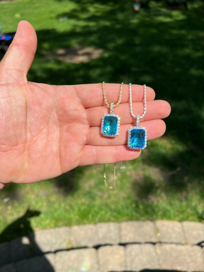 Hip Hop Iced Moissanite and Blue Stone Bling Pendant Necklace Pass Diamond Test