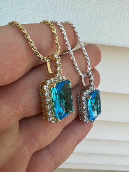 Hip Hop Iced Moissanite and Blue Stone Bling Pendant Necklace Pass Diamond Test