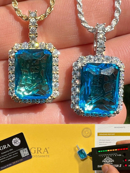Hip Hop Iced Moissanite and Blue Stone Bling Pendant Necklace Pass Diamond Test