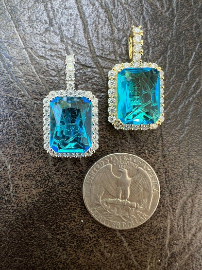 Hip Hop Iced Moissanite and Blue Stone Bling Pendant Necklace Pass Diamond Test