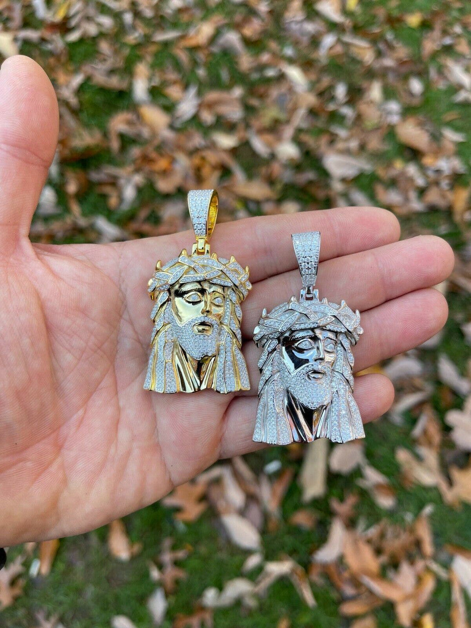 Hip Hop Large Real 925 Sterling Silver Gold Jesus Piece Pendant Necklace Iced Bust Down