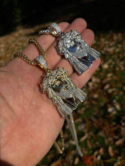 Hip Hop Large Real 925 Sterling Silver Gold Jesus Piece Pendant Necklace Iced Bust Down