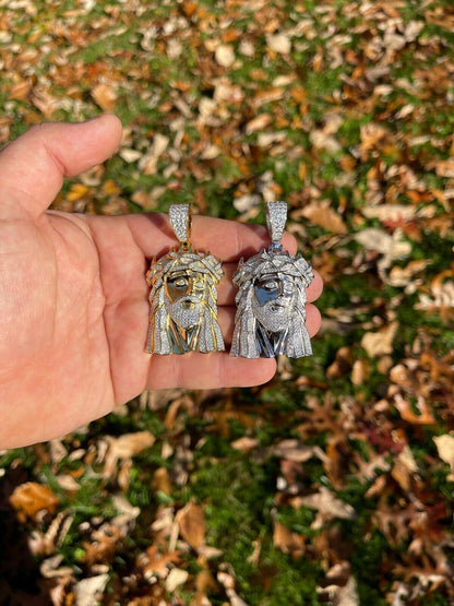 Hip Hop Large Real 925 Sterling Silver Gold Jesus Piece Pendant Necklace Iced Bust Down