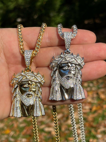 Hip Hop Large Real 925 Sterling Silver Gold Jesus Piece Pendant Necklace Iced Bust Down
