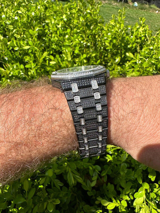 Hip Hop LIMITED EDITION PANDA WATCH - Real Black & White MOISSANITE Mens Iced Skeleton Back 44mm