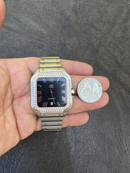 Hip Hop Mens 2.5ct MOISSANITE Watch Hip Hop Two Tone Rose Gold Plated Automatic Black