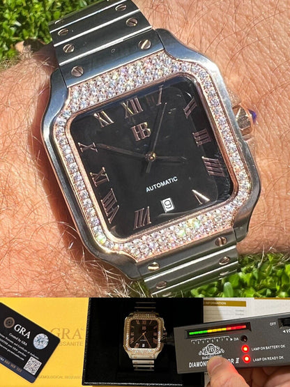 Hip Hop Mens 2.5ct MOISSANITE Watch Hip Hop Two Tone Rose Gold Plated Automatic Black