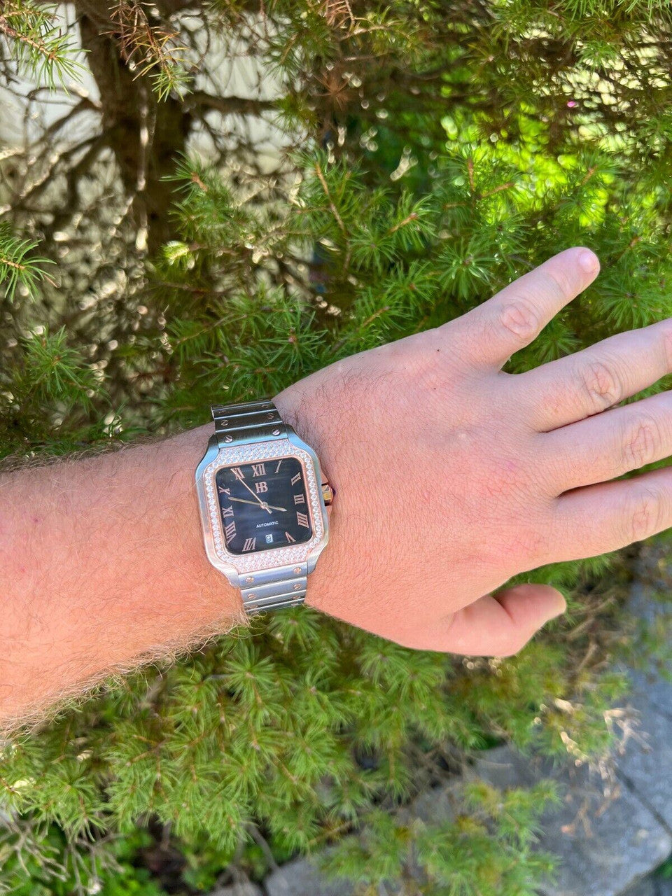 Hip Hop Mens 2.5ct MOISSANITE Watch Hip Hop Two Tone Rose Gold Plated Automatic Black