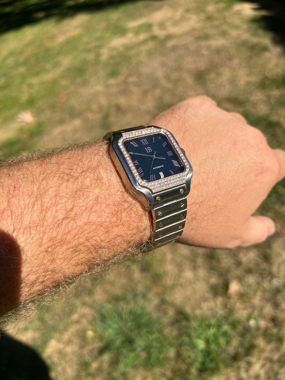 Hip Hop Mens 2.5ct MOISSANITE Watch Hip Hop Two Tone Rose Gold Plated Automatic Black