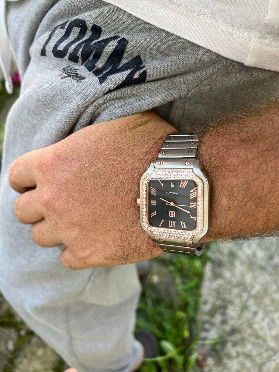 Hip Hop Mens 2.5ct MOISSANITE Watch Hip Hop Two Tone Rose Gold Plated Automatic Black