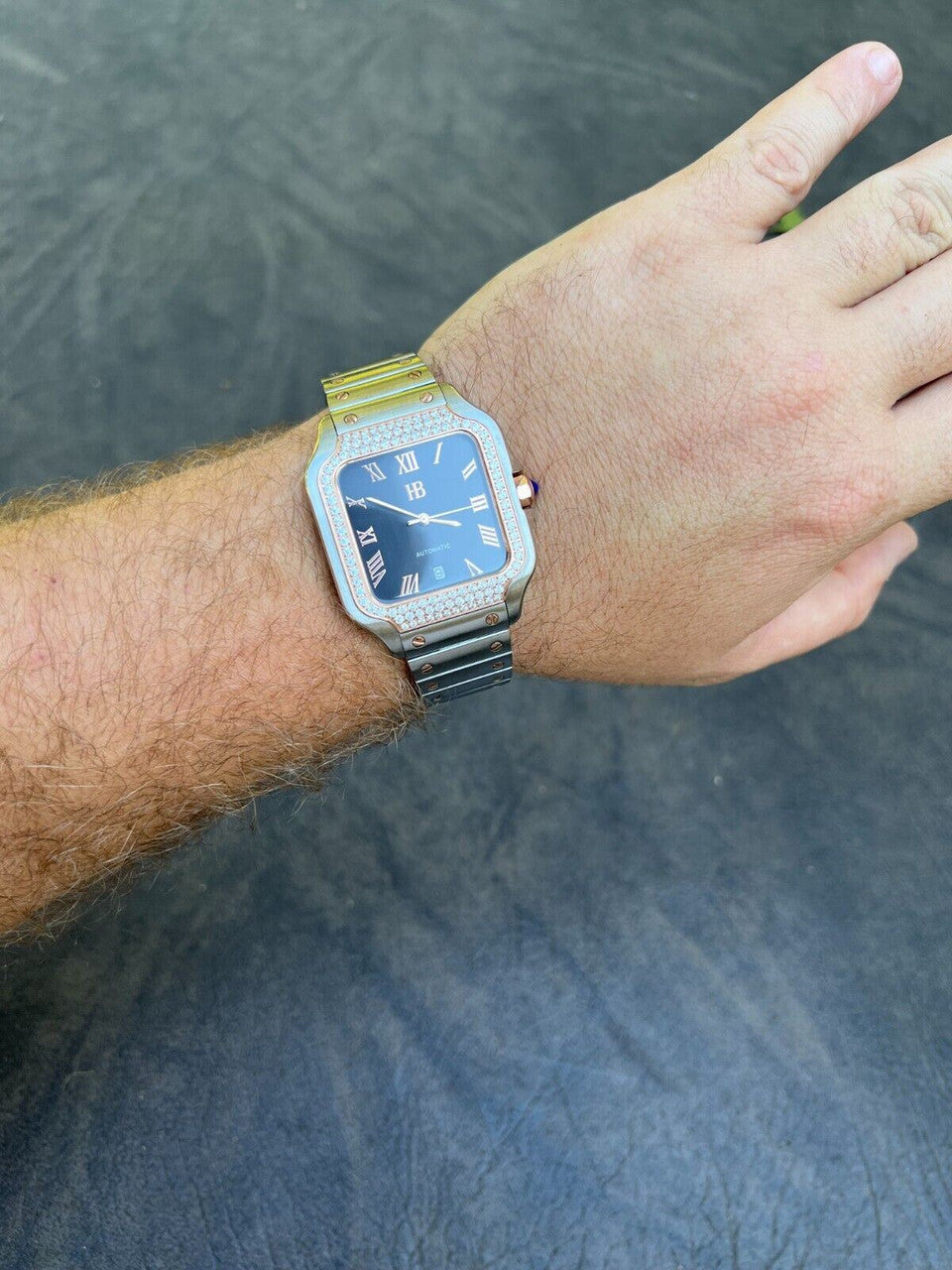 Hip Hop Mens 2.5ct MOISSANITE Watch Hip Hop Two Tone Rose Gold Plated Automatic Black