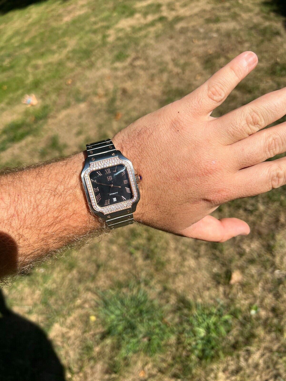 Hip Hop Mens 2.5ct MOISSANITE Watch Hip Hop Two Tone Rose Gold Plated Automatic Black