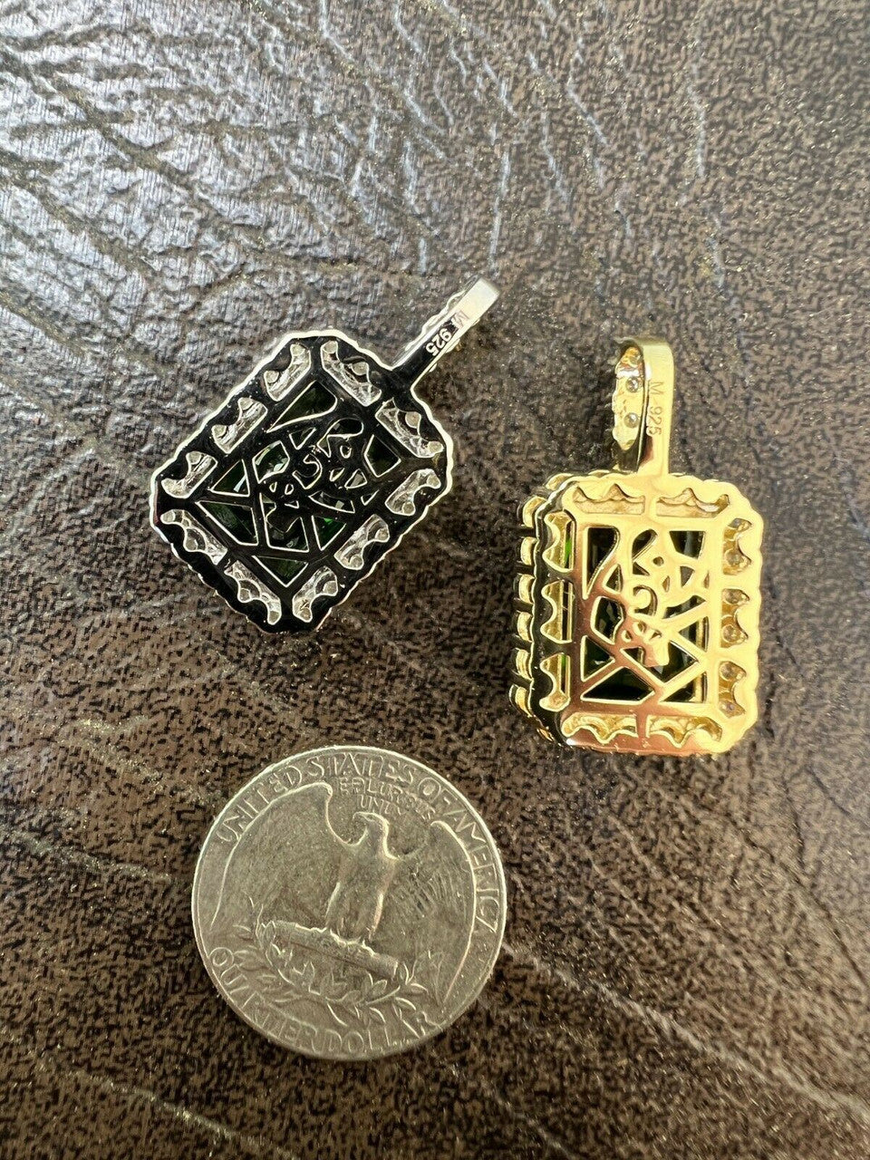 Hip Hop Mens Hip Hop Iced Green Simulated Emerald and CZ Pendant Necklace Silver Gem Bling