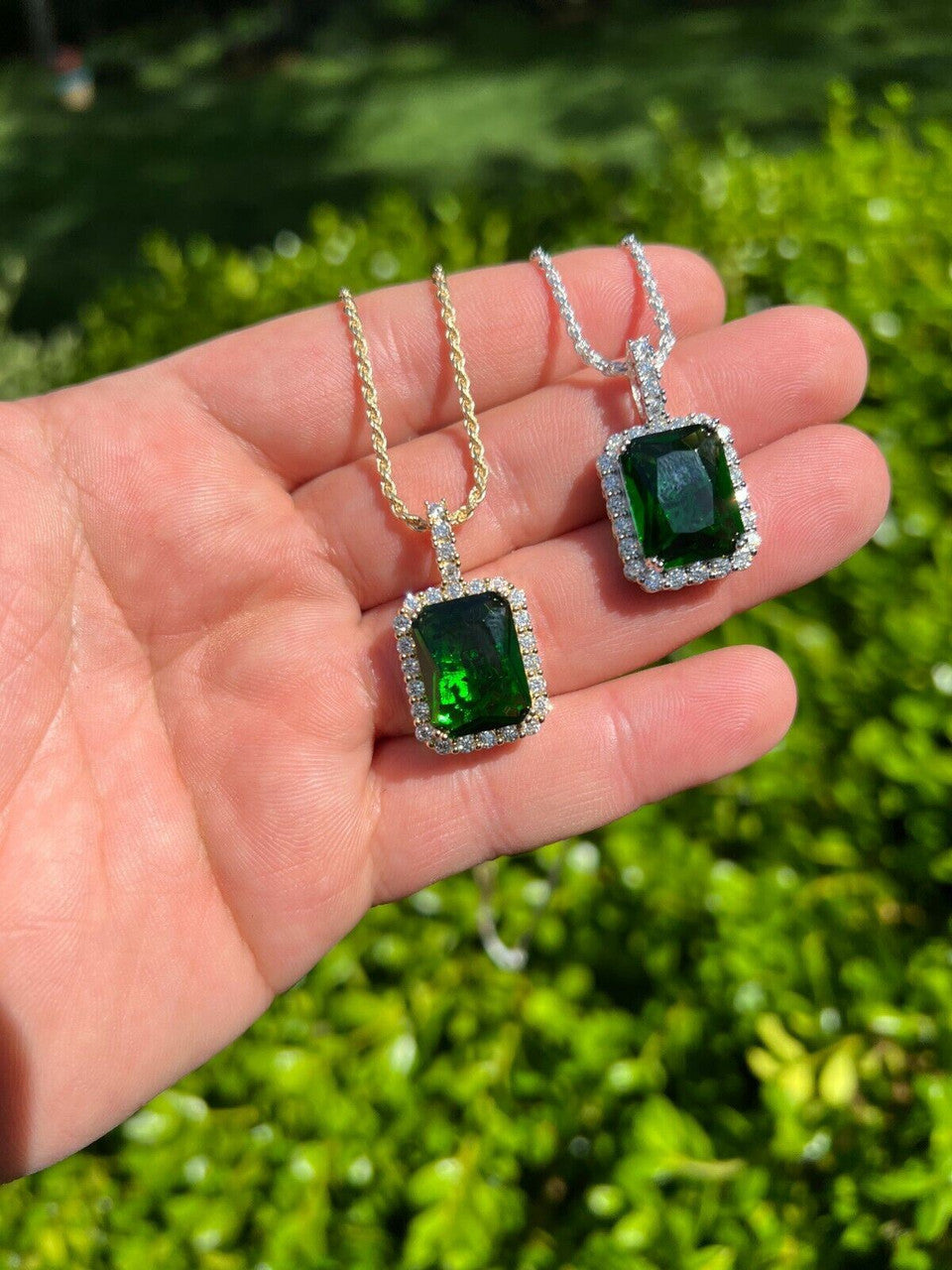 Hip Hop Mens Hip Hop Iced Green Simulated Emerald and CZ Pendant Necklace Silver Gem Bling