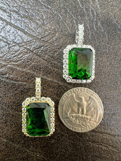 Hip Hop Mens Hip Hop Iced Green Simulated Emerald and CZ Pendant Necklace Silver Gem Bling