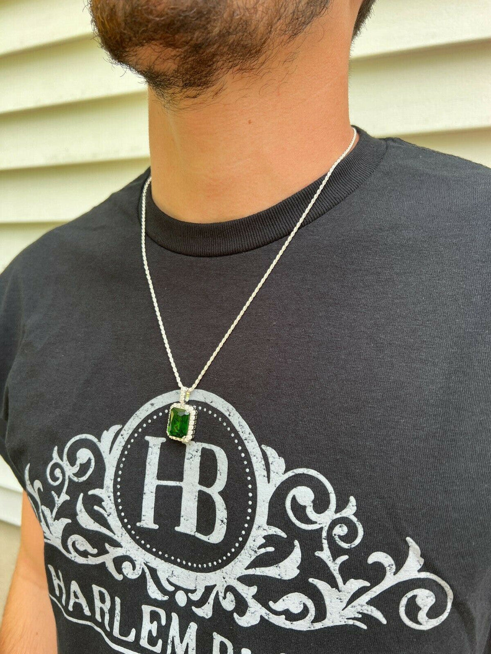 Hip Hop Mens Hip Hop Iced Green Simulated Emerald and CZ Pendant Necklace Silver Gem Bling