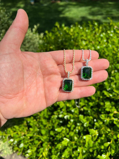 Hip Hop Mens Hip Hop Iced Green Simulated Emerald and CZ Pendant Necklace Silver Gem Bling