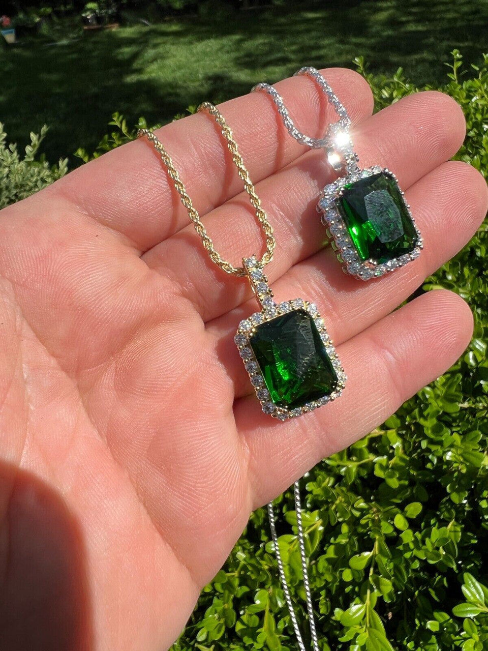 Hip Hop Mens Hip Hop Iced Green Simulated Emerald and CZ Pendant Necklace Silver Gem Bling