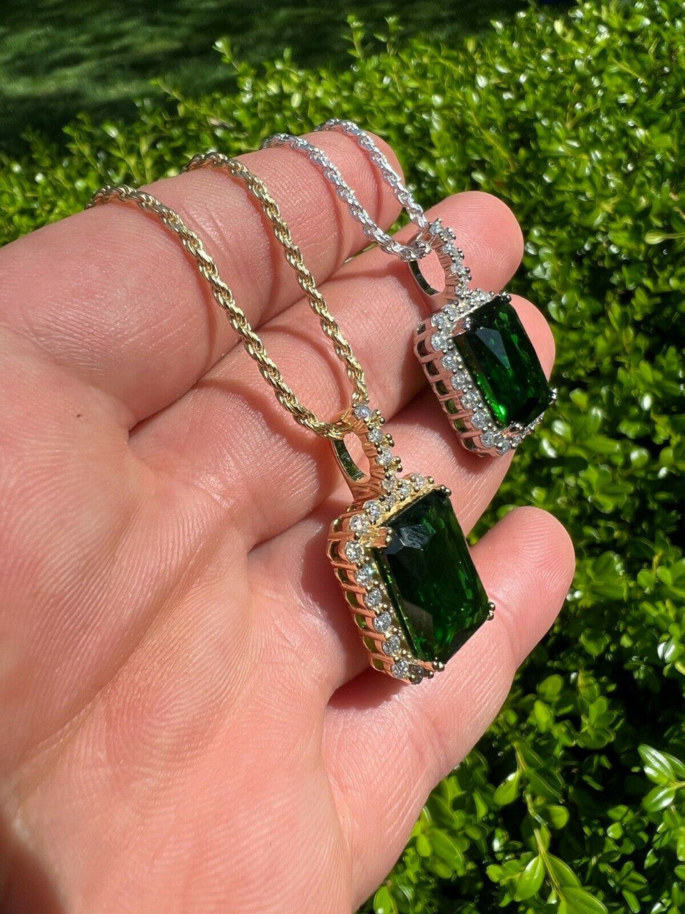 Hip Hop Mens Hip Hop Iced Green Simulated Emerald and CZ Pendant Necklace Silver Gem Bling