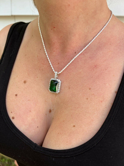 Hip Hop Mens Hip Hop Iced Moissanite and Green Simulated Emerald Pendant Necklace Silver