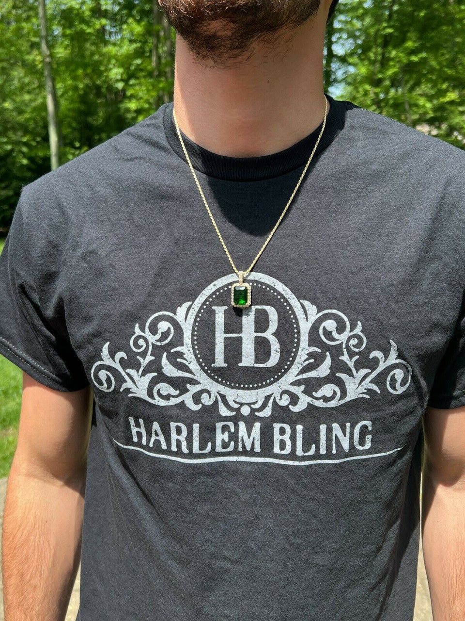 Hip Hop Mens Hip Hop Iced Moissanite and Green Simulated Emerald Pendant Necklace Silver