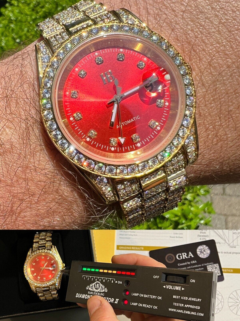 Hip Hop Mens MOISSANITE Red Face Gold Presidential Watch Iced Hip Hop Pass Diamond Test