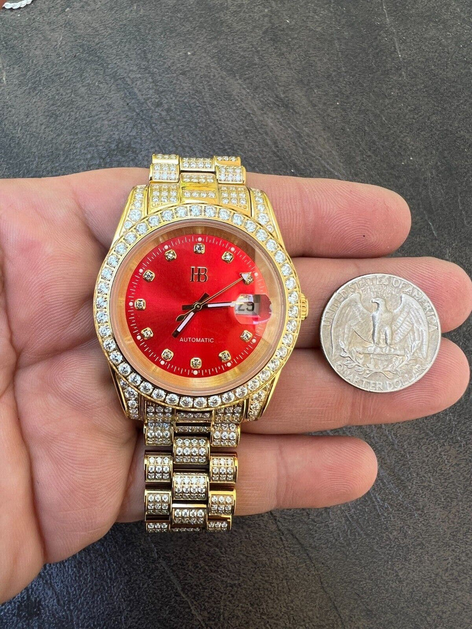 Hip Hop Mens MOISSANITE Red Face Gold Presidential Watch Iced Hip Hop Pass Diamond Test