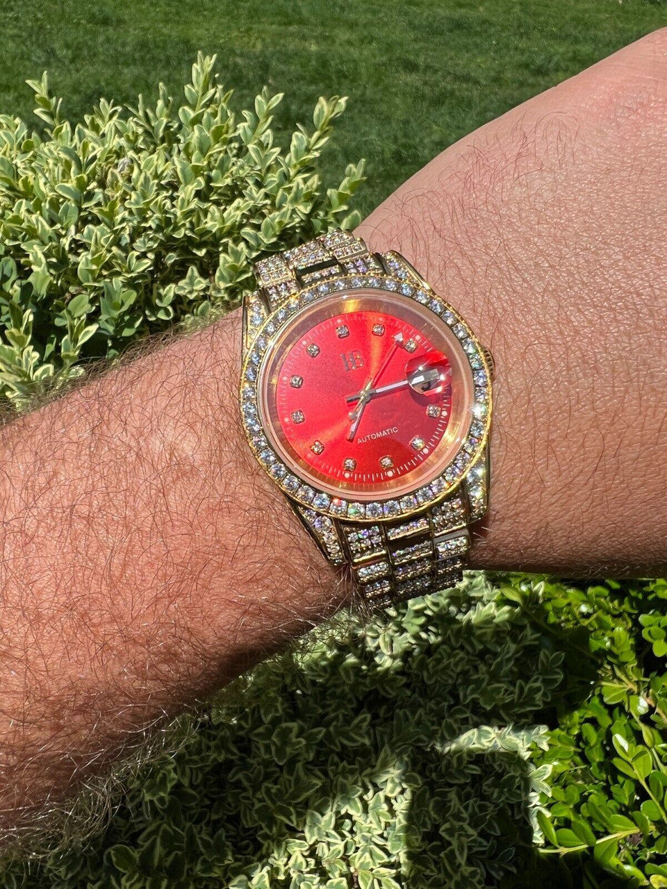 Hip Hop Mens MOISSANITE Red Face Gold Presidential Watch Iced Hip Hop Pass Diamond Test