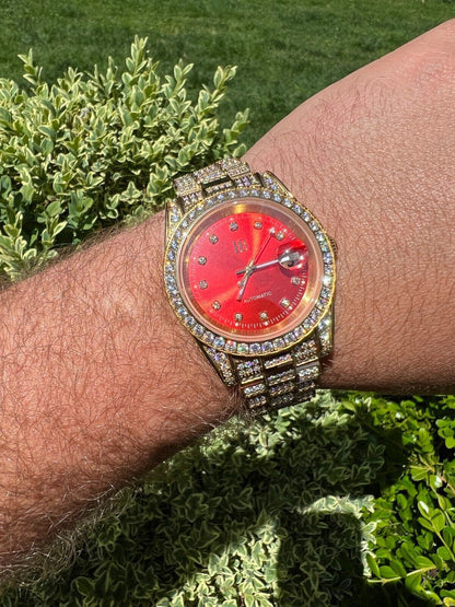 Hip Hop Mens MOISSANITE Red Face Gold Presidential Watch Iced Hip Hop Pass Diamond Test