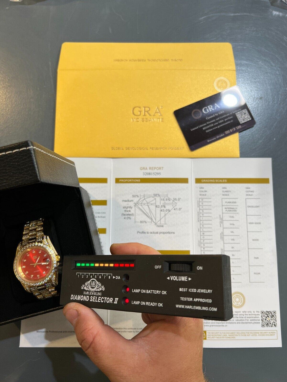 Hip Hop Mens MOISSANITE Red Face Gold Presidential Watch Iced Hip Hop Pass Diamond Test