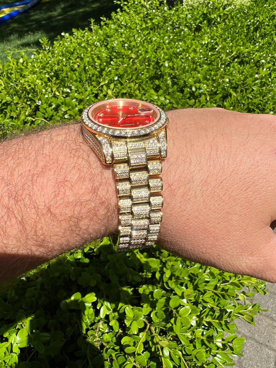 Hip Hop Mens MOISSANITE Red Face Gold Presidential Watch Iced Hip Hop Pass Diamond Test