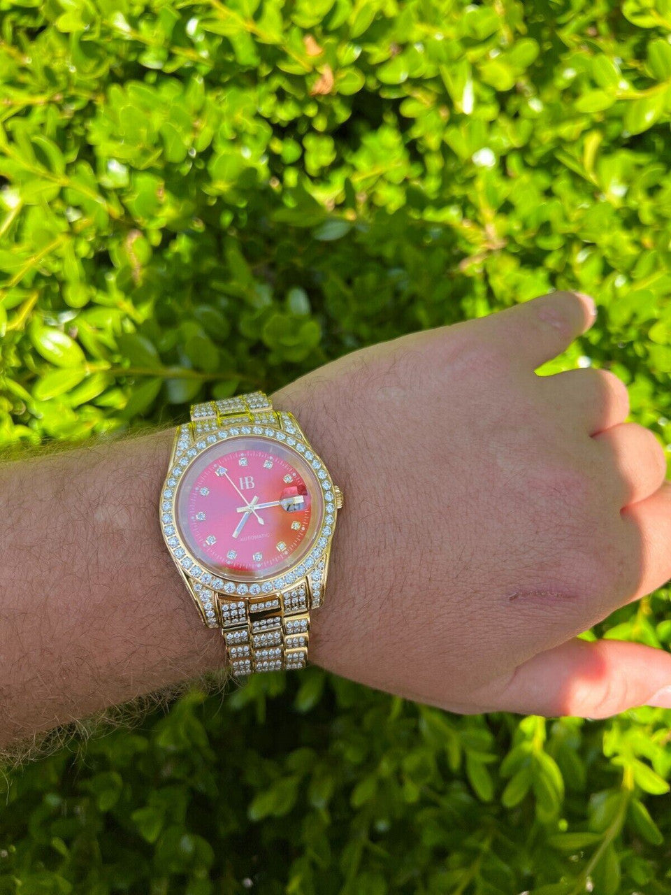 Hip Hop Mens MOISSANITE Red Face Gold Presidential Watch Iced Hip Hop Pass Diamond Test