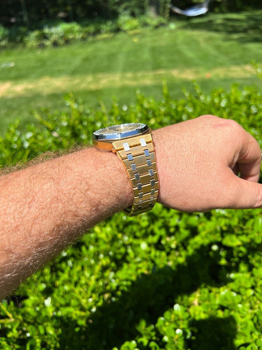 Hip Hop Mens MOISSANITE Watch Iced Automatic Skeleton Back Yellow Gold and Stainless Steel