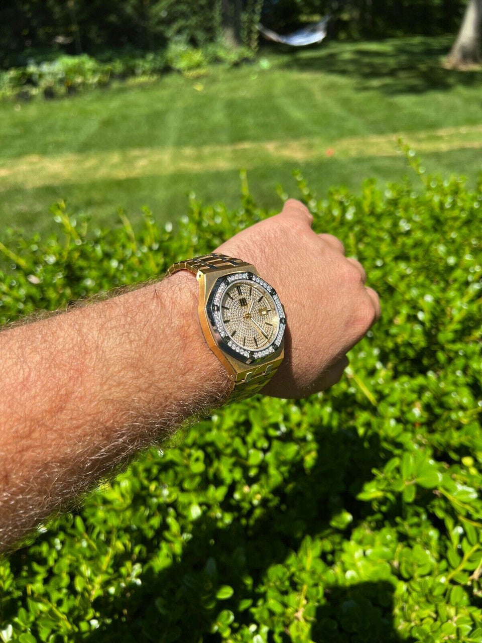 Hip Hop Mens MOISSANITE Watch Iced Automatic Skeleton Back Yellow Gold and Stainless Steel