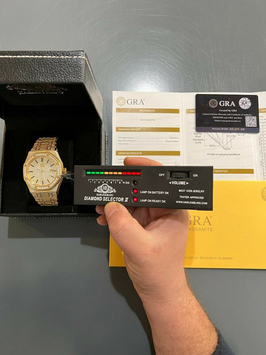 Hip Hop Mens MOISSANITE Watch Iced Automatic Skeleton Gold 44mm HipHop Pass Diamond Test