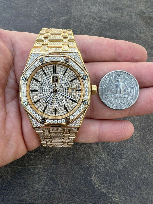 Hip Hop Mens MOISSANITE Watch Iced Automatic Skeleton Gold 44mm HipHop Pass Diamond Test