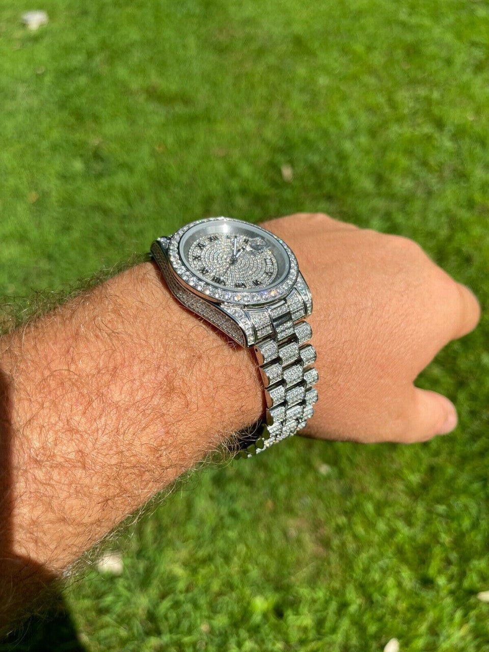 Hip Hop Mens Presidential Roman Stainless Watch Iced 15ct Flooded Out Diamond Hip Hop