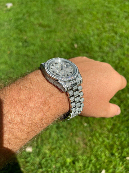 Hip Hop Mens Presidential Roman Stainless Watch Iced 15ct Flooded Out Diamond Hip Hop