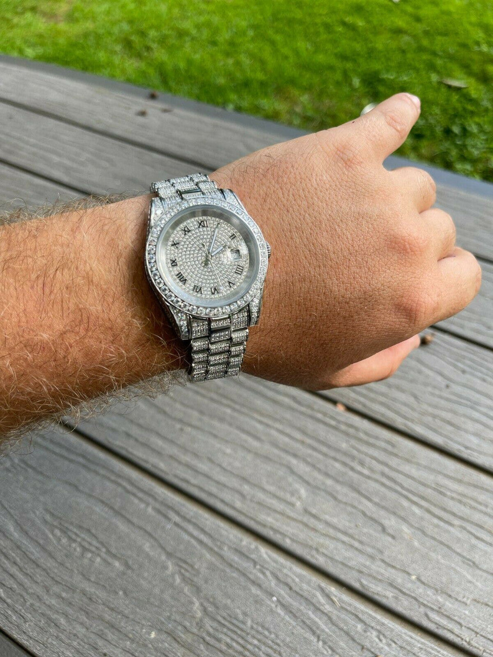 Hip Hop Mens Presidential Roman Stainless Watch Iced 15ct Flooded Out Diamond Hip Hop