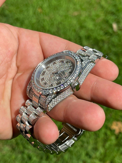 Hip Hop Mens Presidential Roman Stainless Watch Iced 15ct Flooded Out Diamond Hip Hop