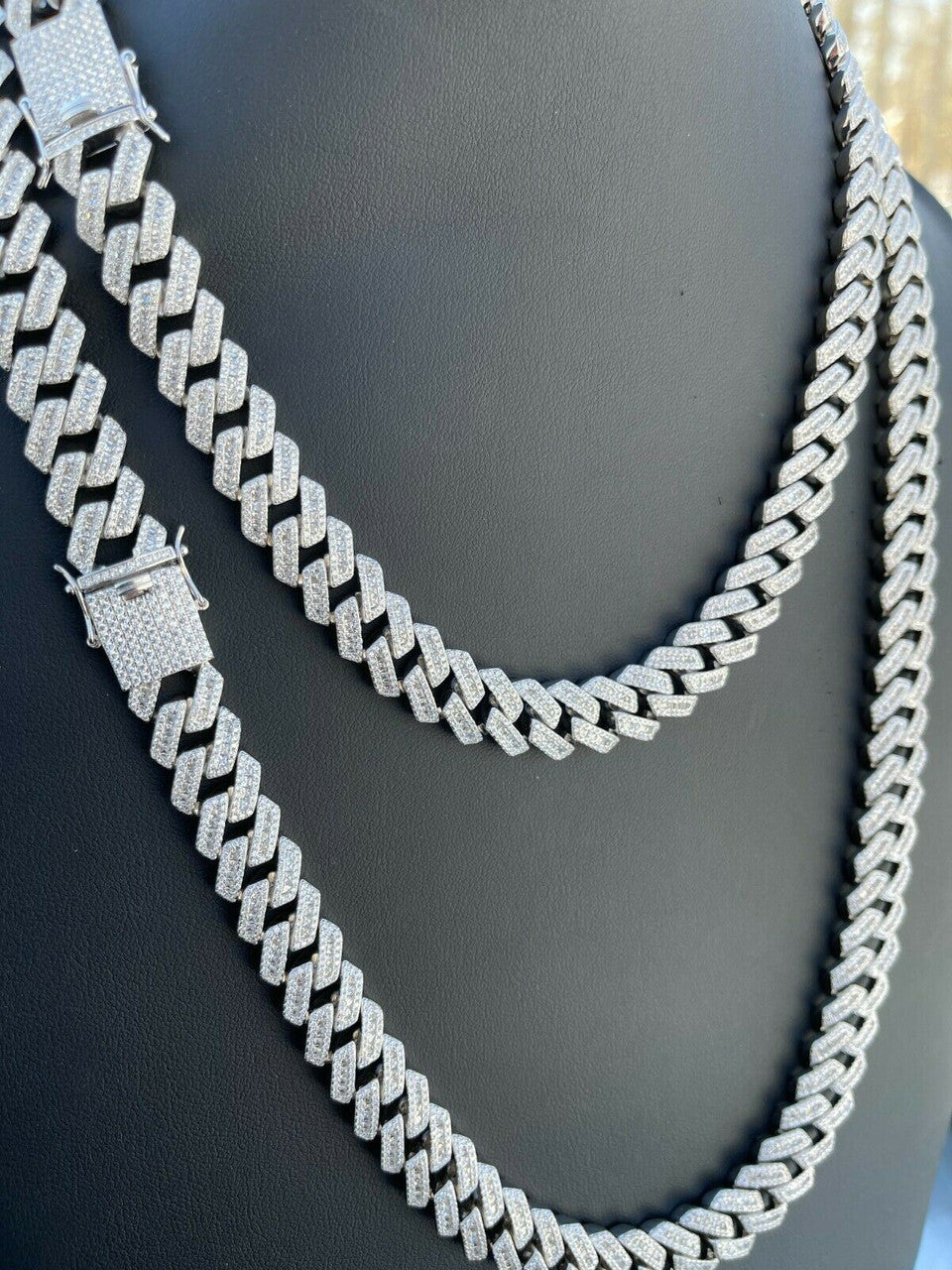 Hip Hop Mens Solid 925 Sterling Silver Baguette Prong Cuban Chain Hip Hop Iced Diamond