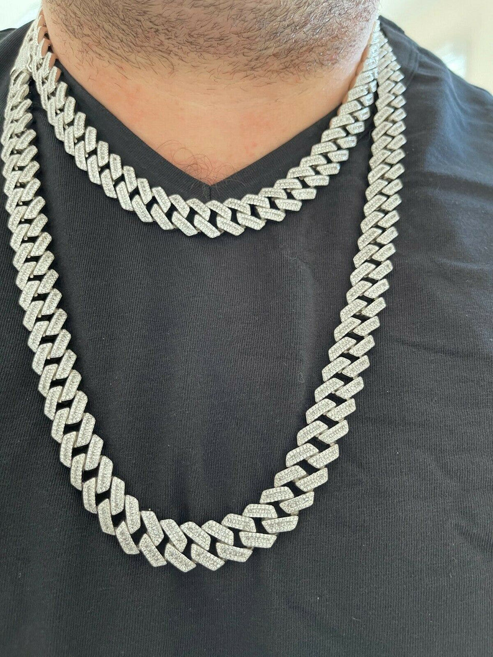 Hip Hop Mens Solid 925 Sterling Silver Baguette Prong Cuban Chain Hip Hop Iced Diamond