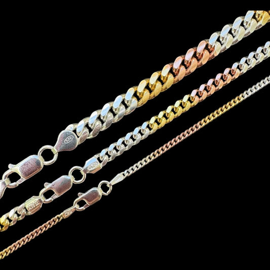 Hip Hop Miami Cuban Link Chain Necklace - TRICOLOR 14k Rose & Yellow Gold Vermeil 925 Sterling Silver - 16"-30" - 2mm-6mm